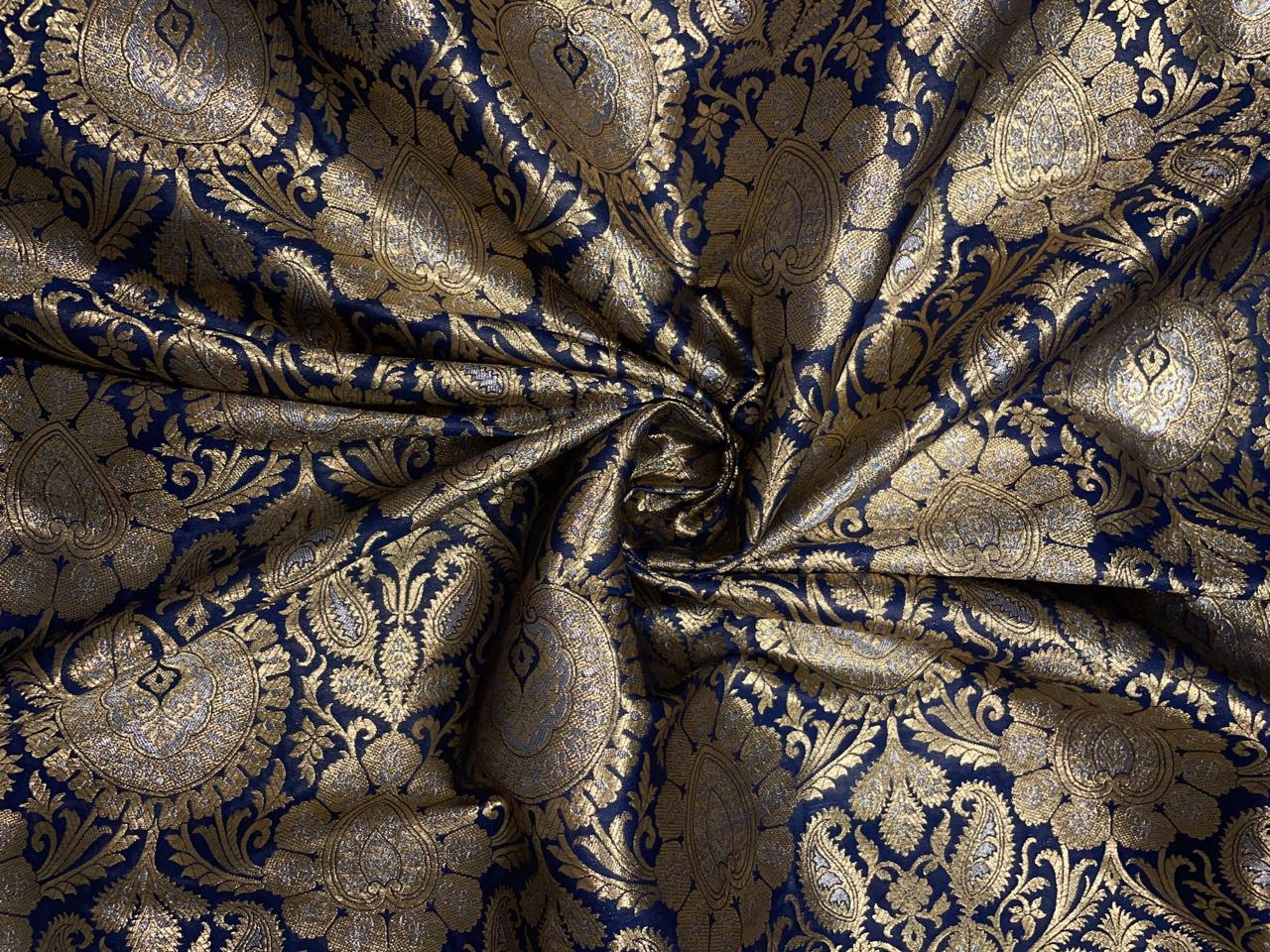 Navy Blue & Gold Floral Banarasi Semi Brocade Fabric KTEX