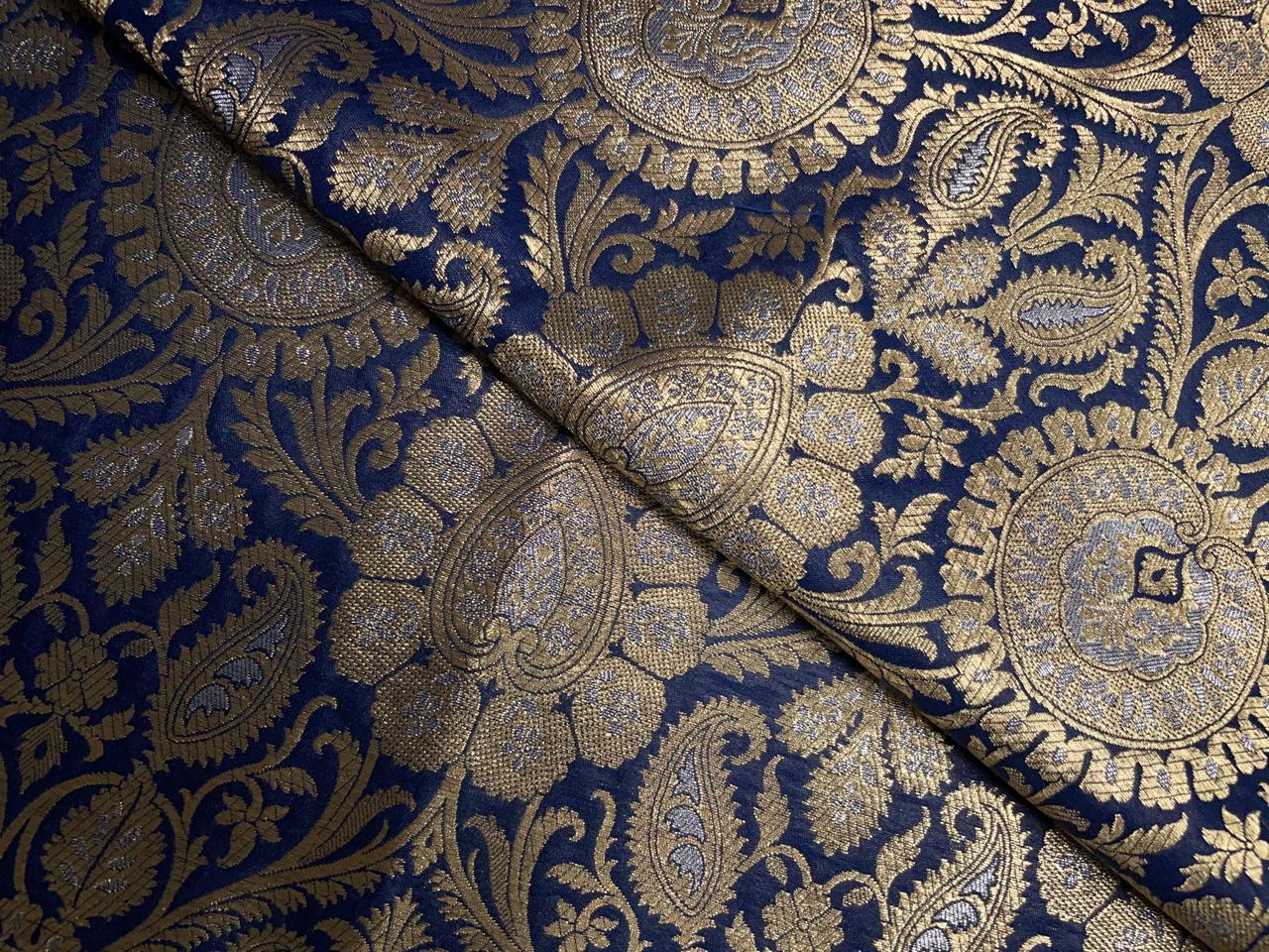 Navy Blue & Gold Floral Banarasi Semi Brocade Fabric KTEX