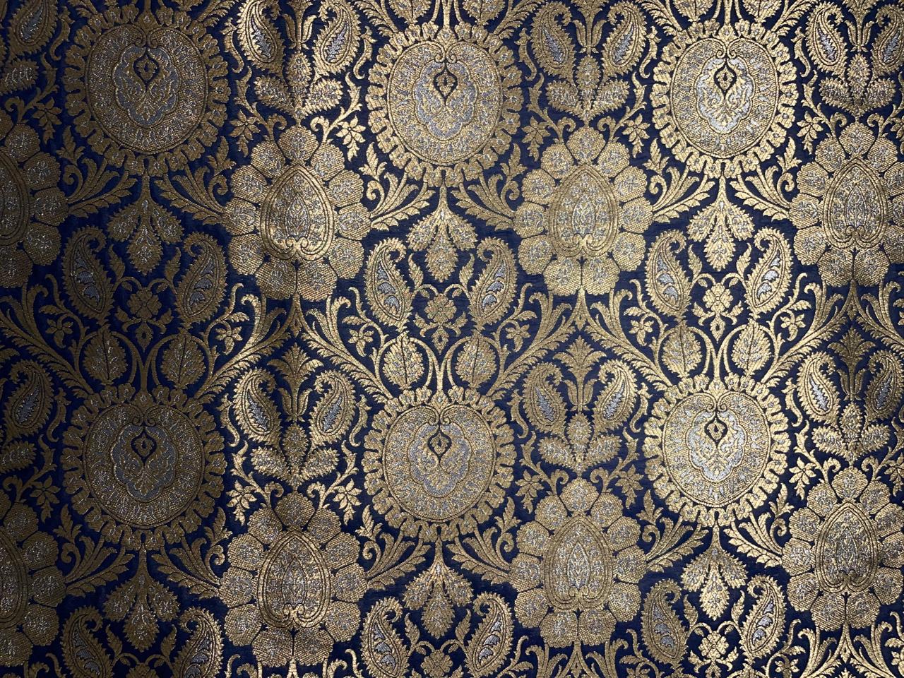 Navy Blue & Gold Floral Banarasi Semi Brocade Fabric KTEX