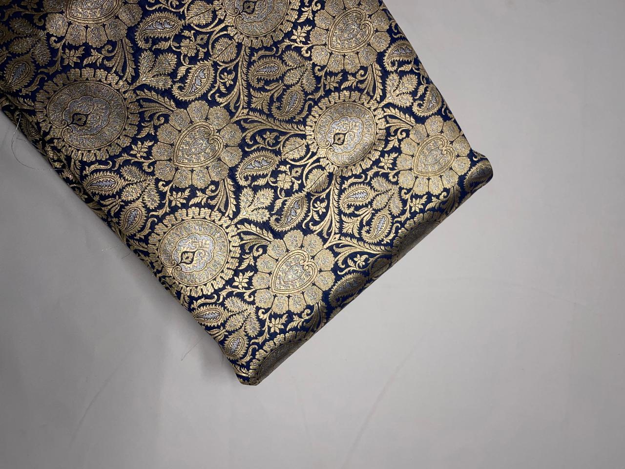 Navy Blue & Gold Floral Banarasi Semi Brocade Fabric KTEX