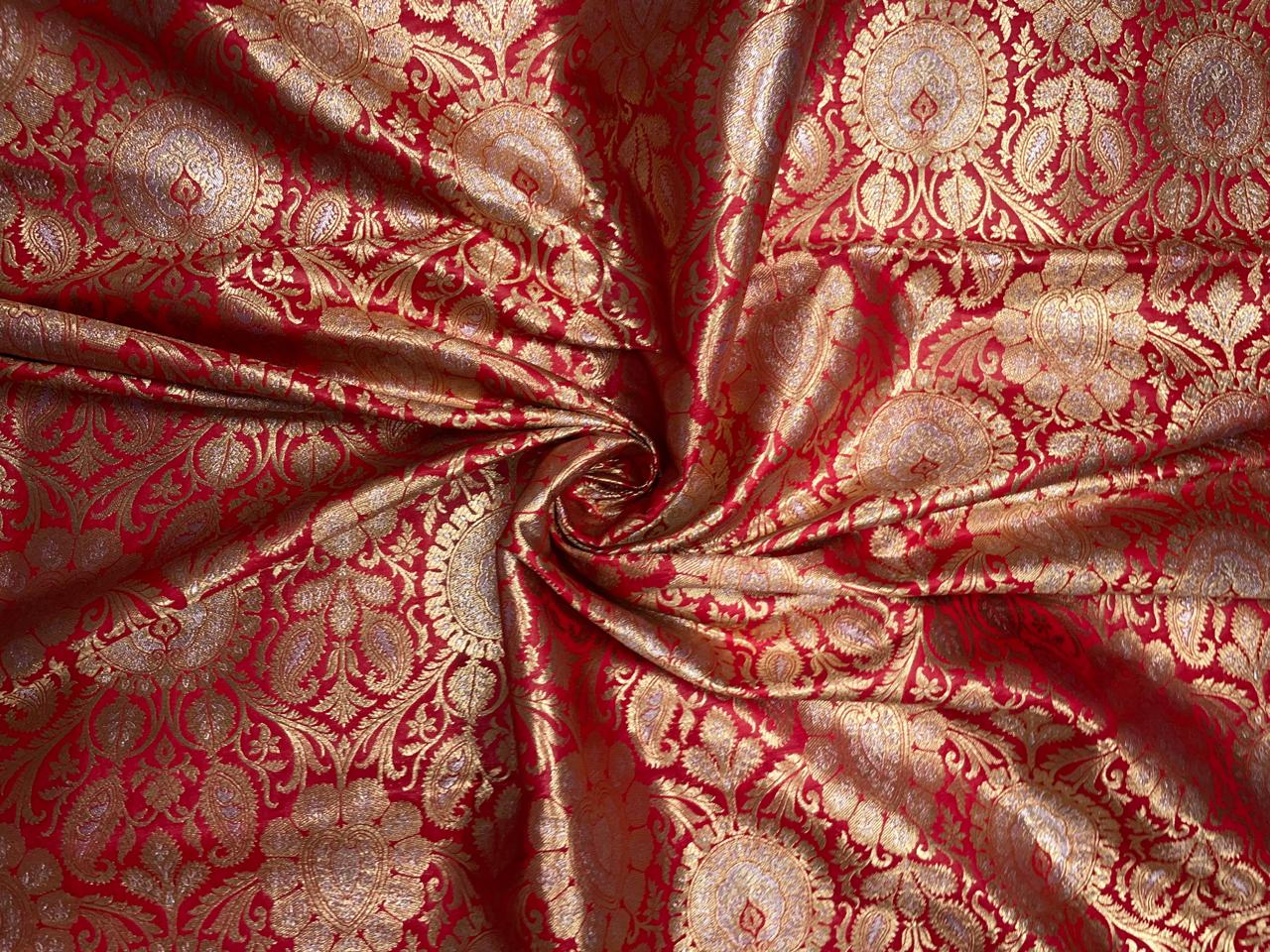 Red & Gold Floral Banarasi Semi Brocade Fabric KTEX