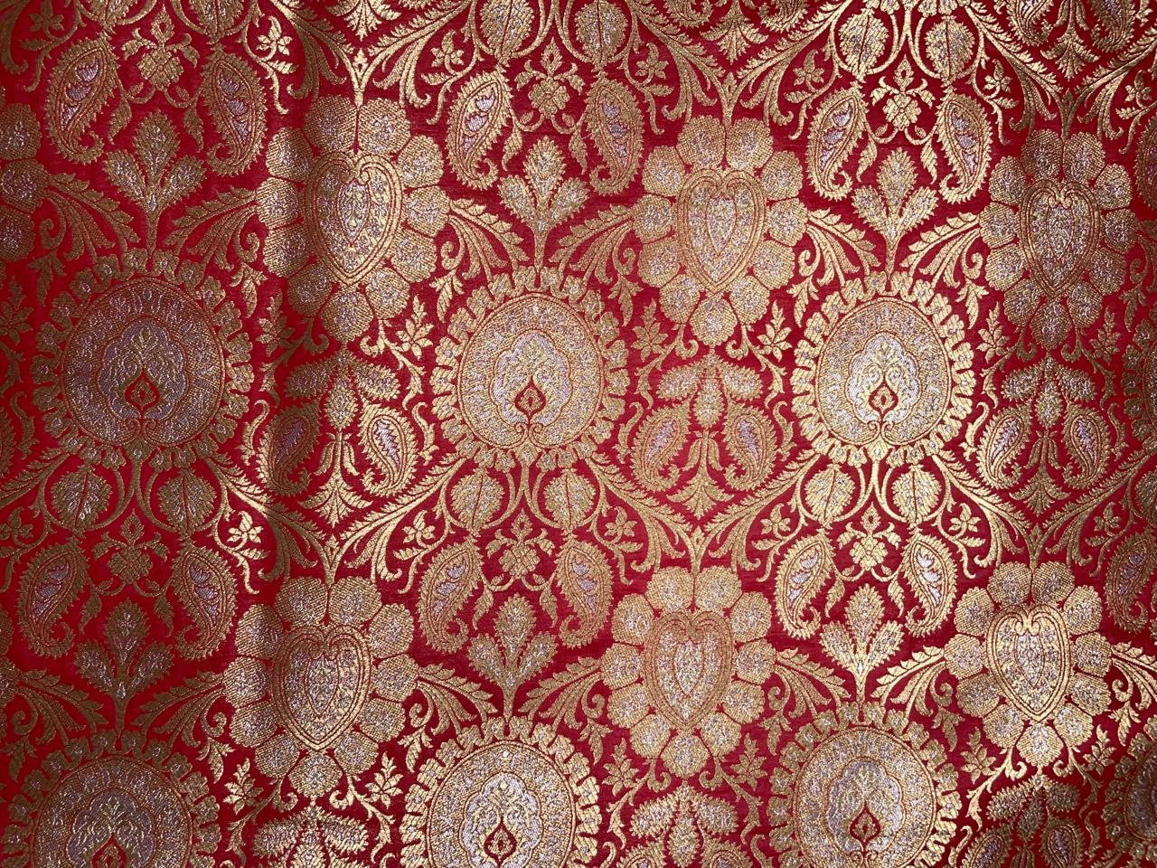 Red & Gold Floral Banarasi Semi Brocade Fabric KTEX