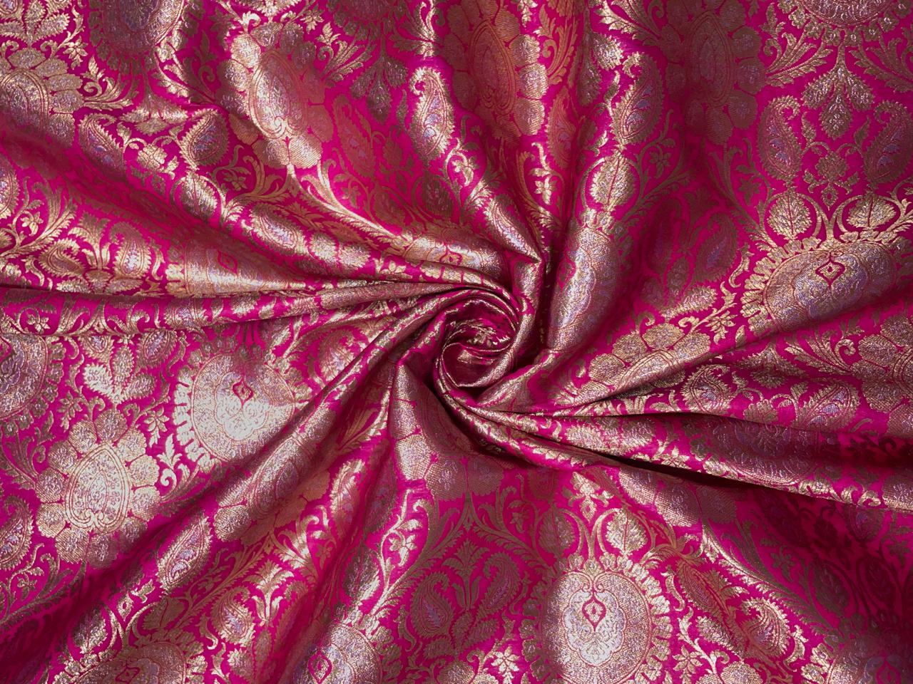 Magenta & Gold Floral Banarasi Semi Brocade Fabric KTEX