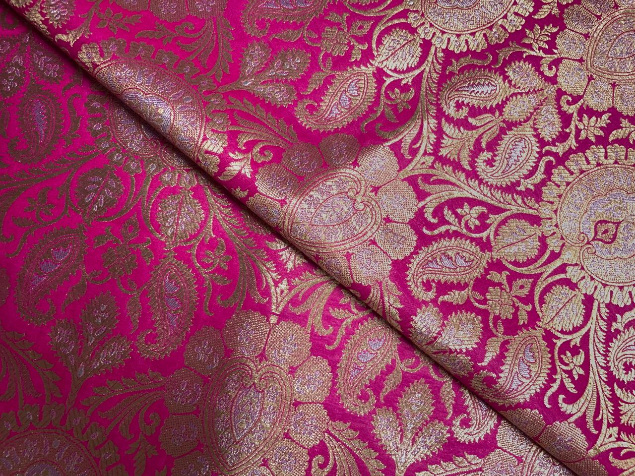 Magenta & Gold Floral Banarasi Semi Brocade Fabric KTEX