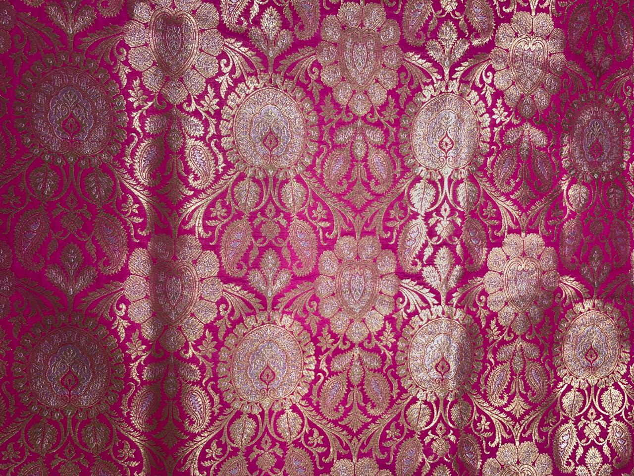 Magenta & Gold Floral Banarasi Semi Brocade Fabric KTEX