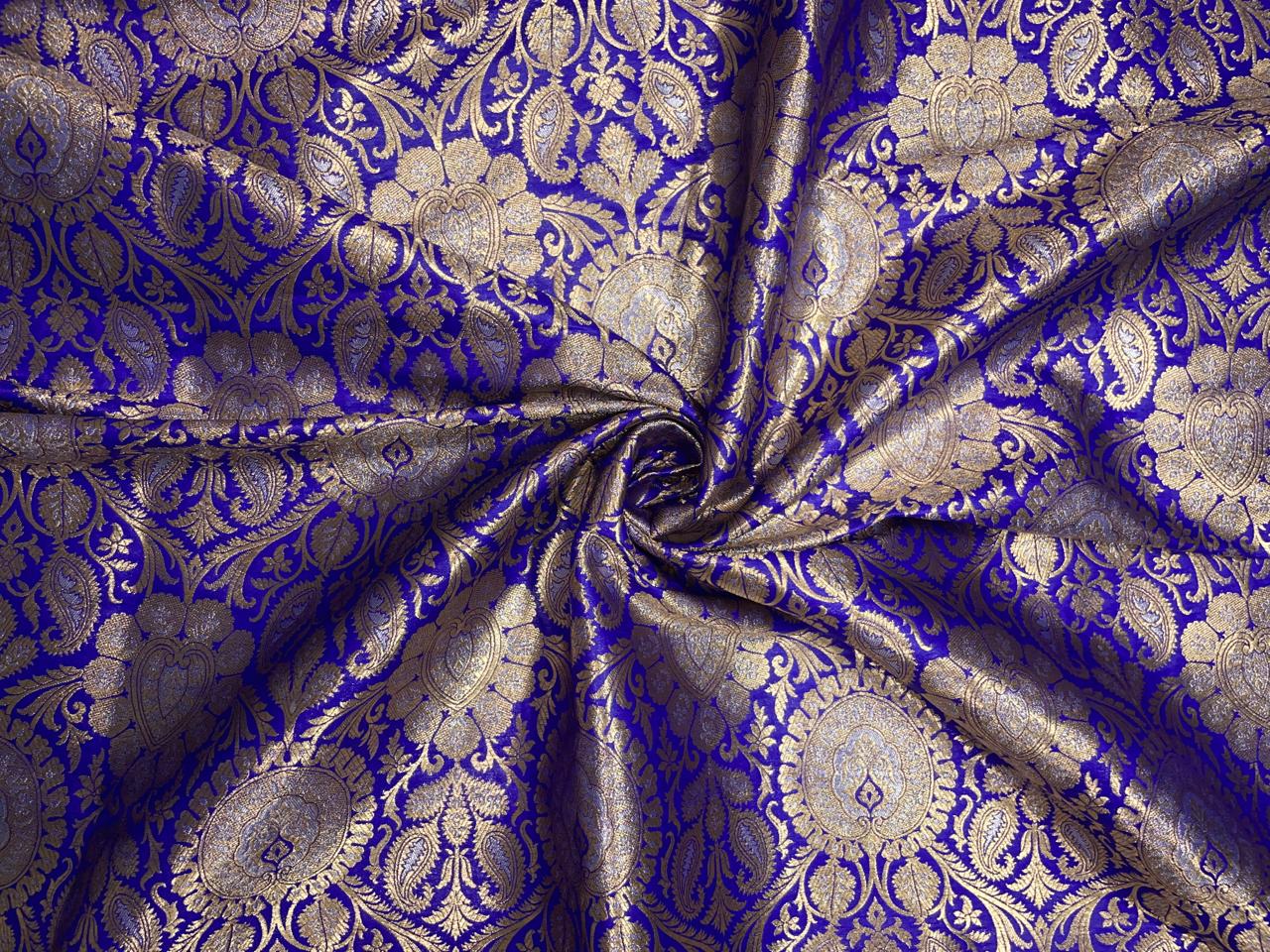 Royal Blue & Gold Floral Banarasi Semi Brocade Fabric KTEX