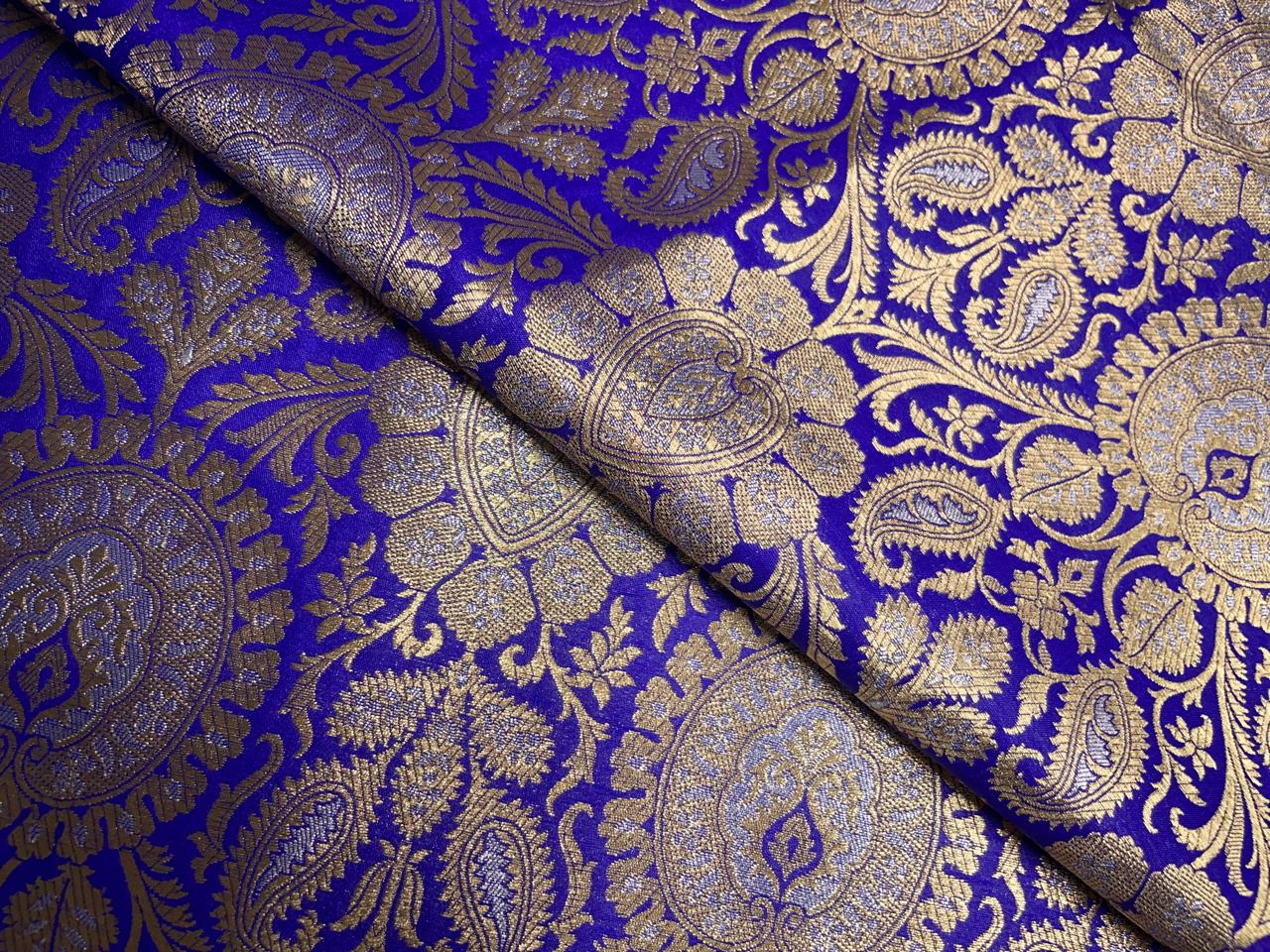 Royal Blue & Gold Floral Banarasi Semi Brocade Fabric KTEX