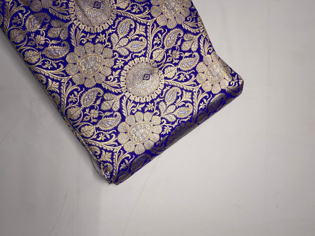 Royal Blue & Gold Floral Banarasi Semi Brocade Fabric KTEX