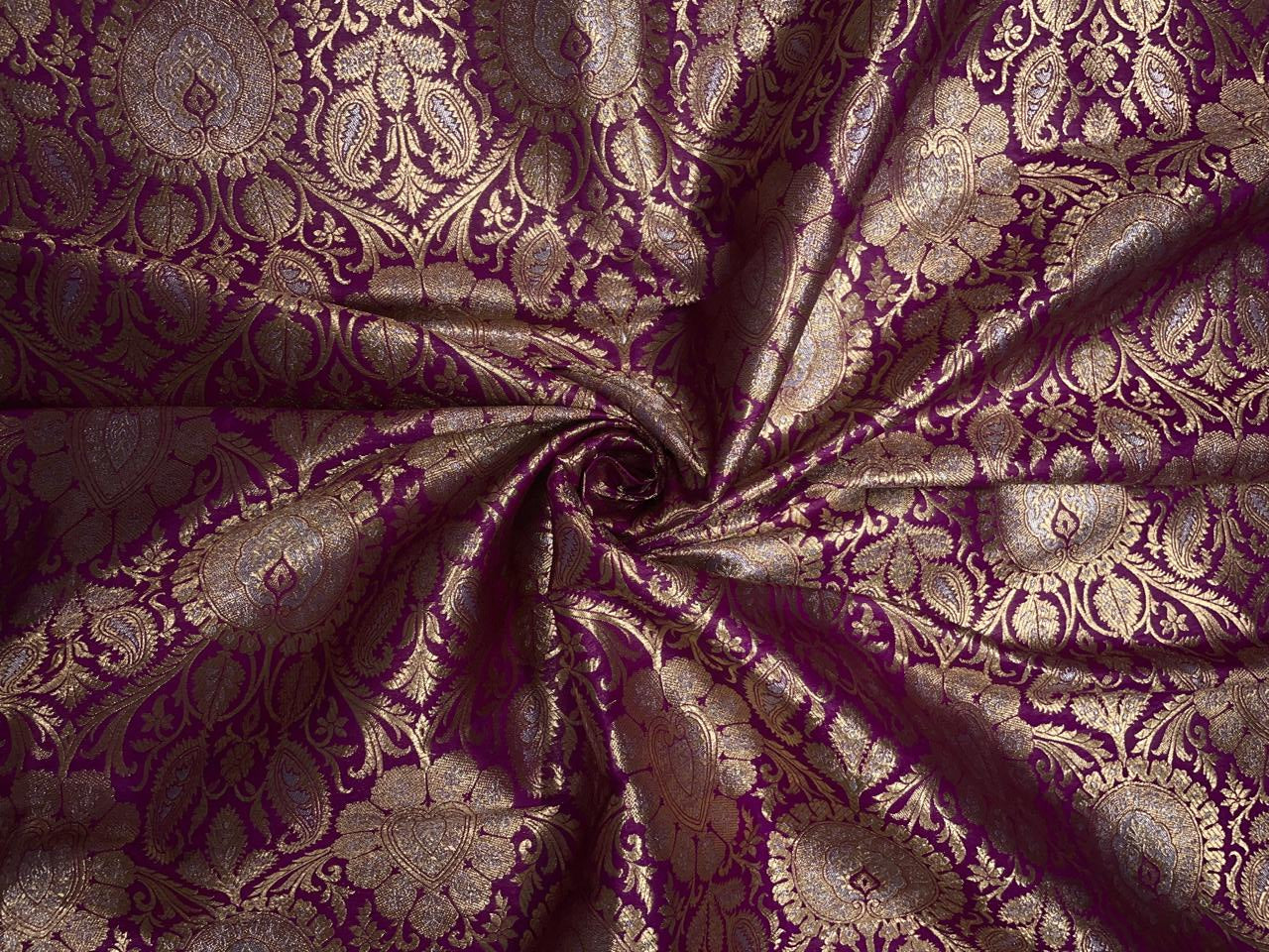 Dark Pink Gold Floral Semi Brocade Kapdashop