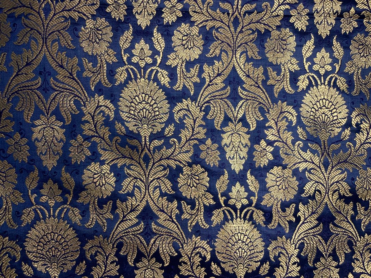 Navy Blue Floral Semi Brocade Kapdashop