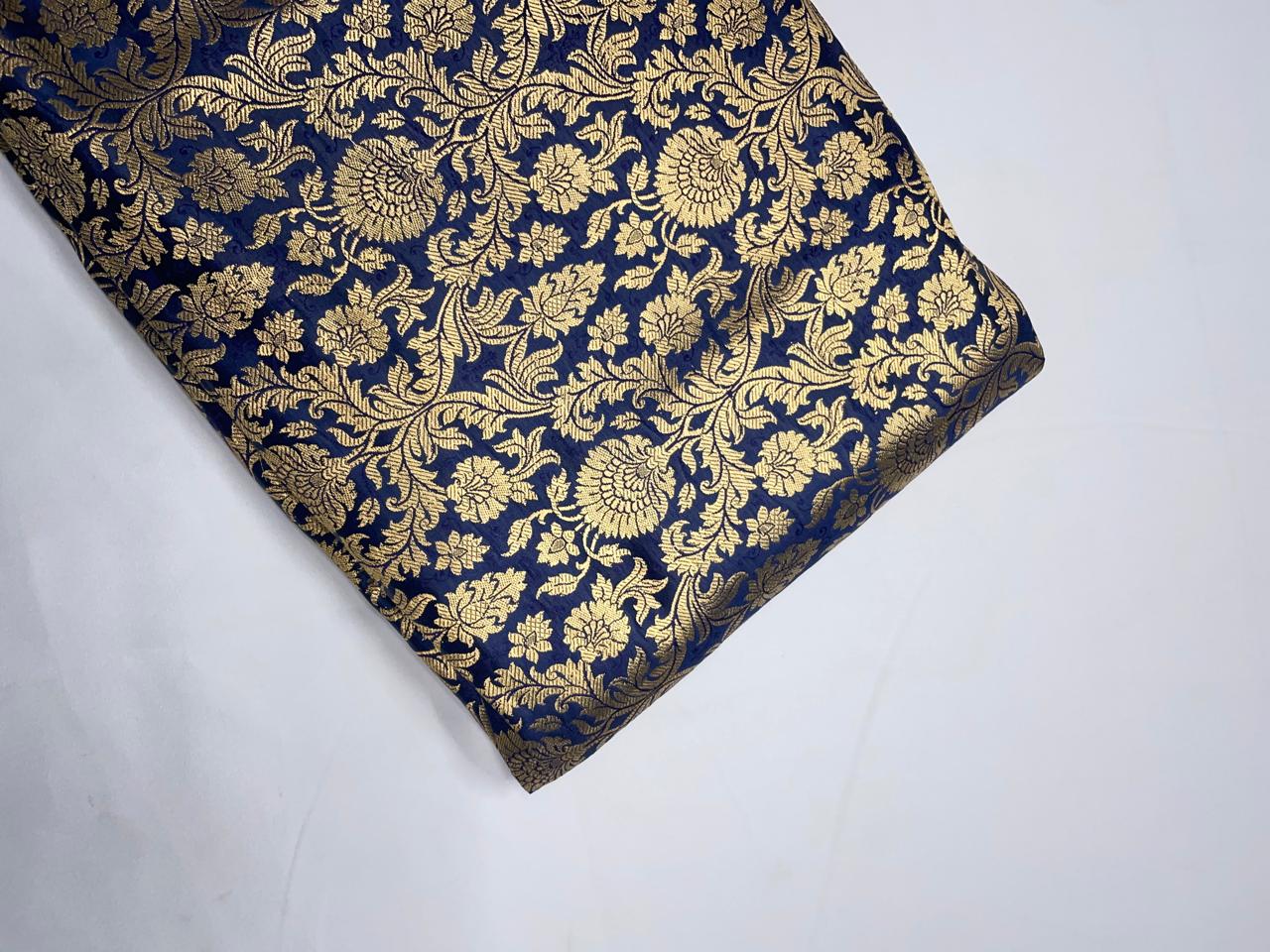 Navy Blue Floral Semi Brocade Fabric KTEX
