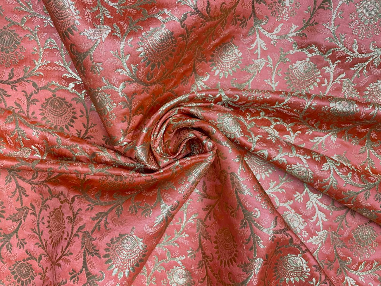 Orange Floral Semi Brocade Fabric Kapdashop