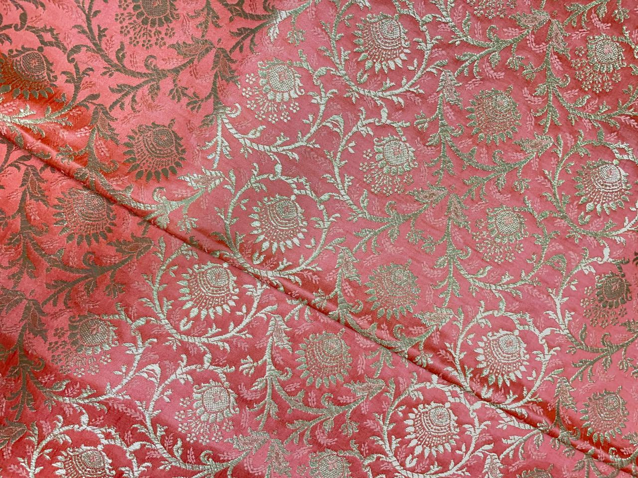Orange Floral Semi Brocade Fabric Kapdashop