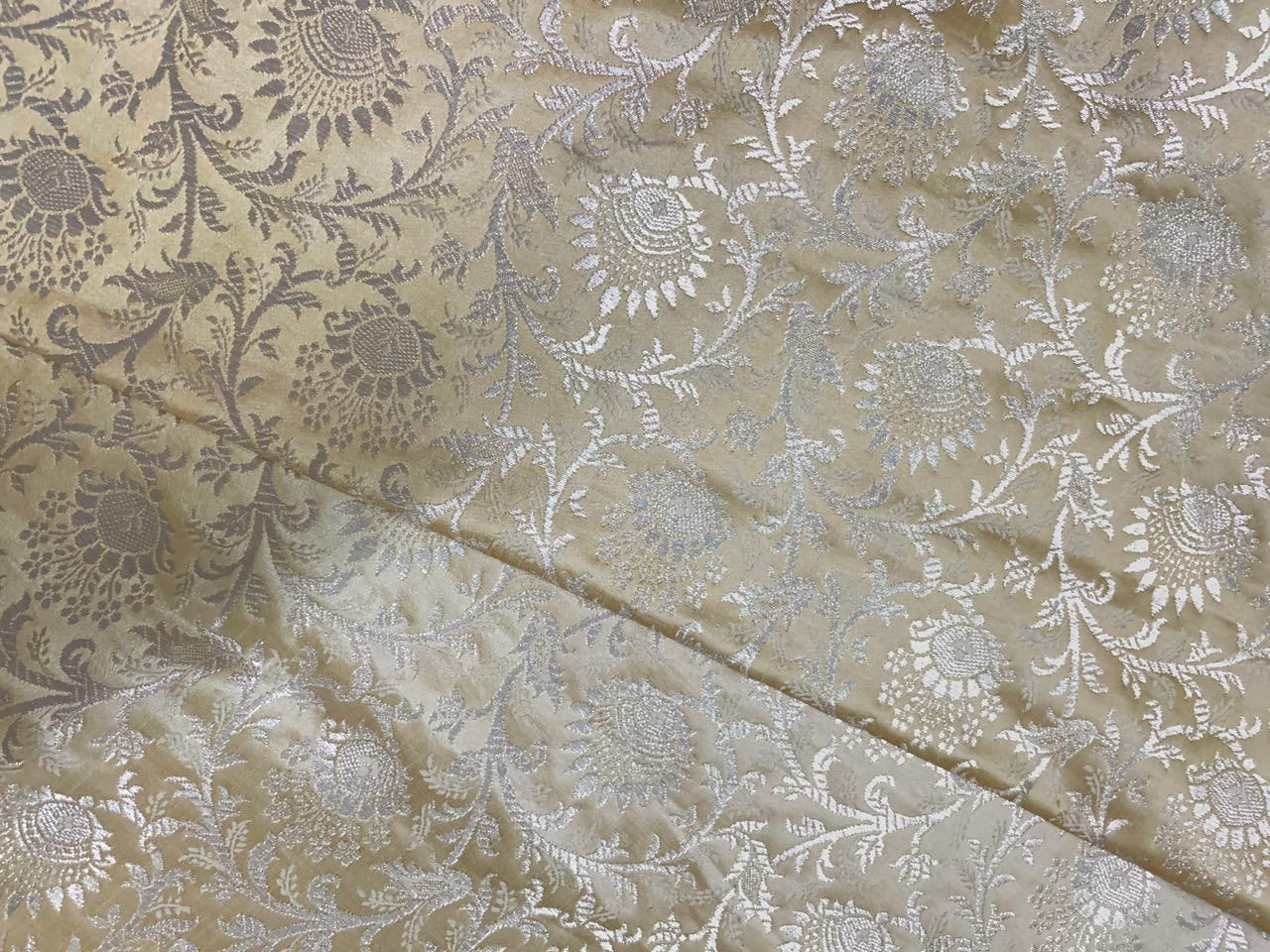 Light Gold Floral Banarasi Semi Brocade Fabric KTEX