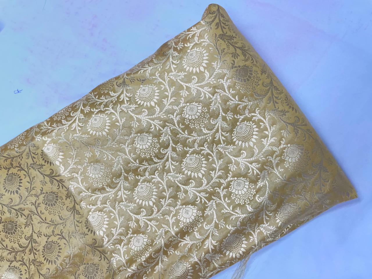 Light Gold Floral Banarasi Semi Brocade Fabric KTEX
