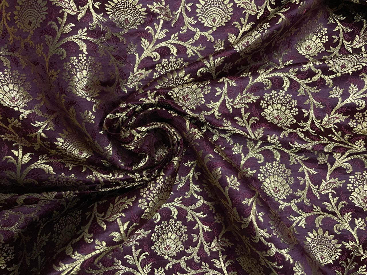 Wine Floral Banarasi Semi Brocade Fabric KTEX