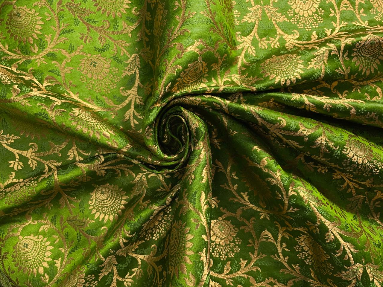 Green Floral Semi Brocade Fabric Kapdashop