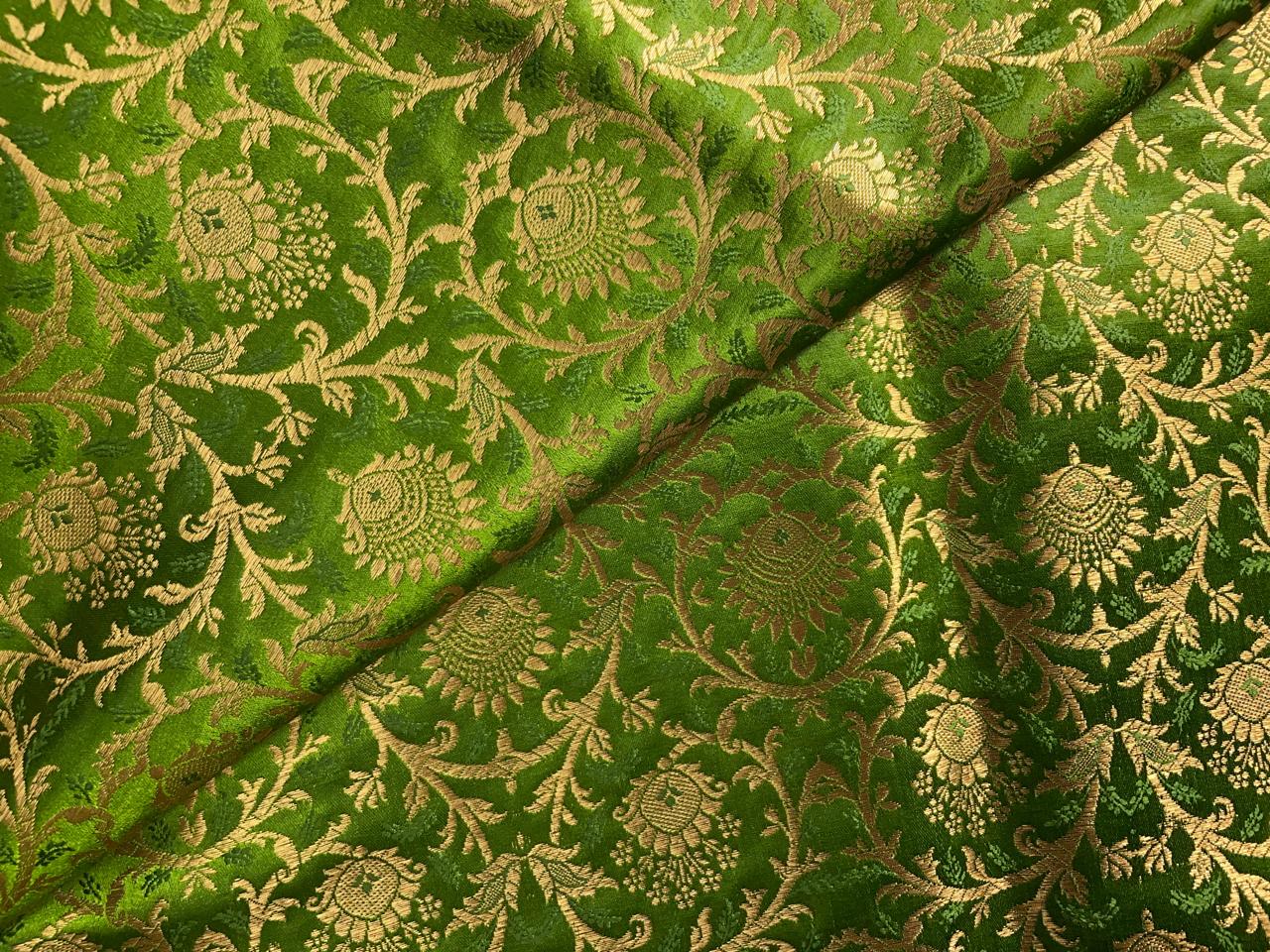 Green Floral Semi Brocade Fabric Kapdashop