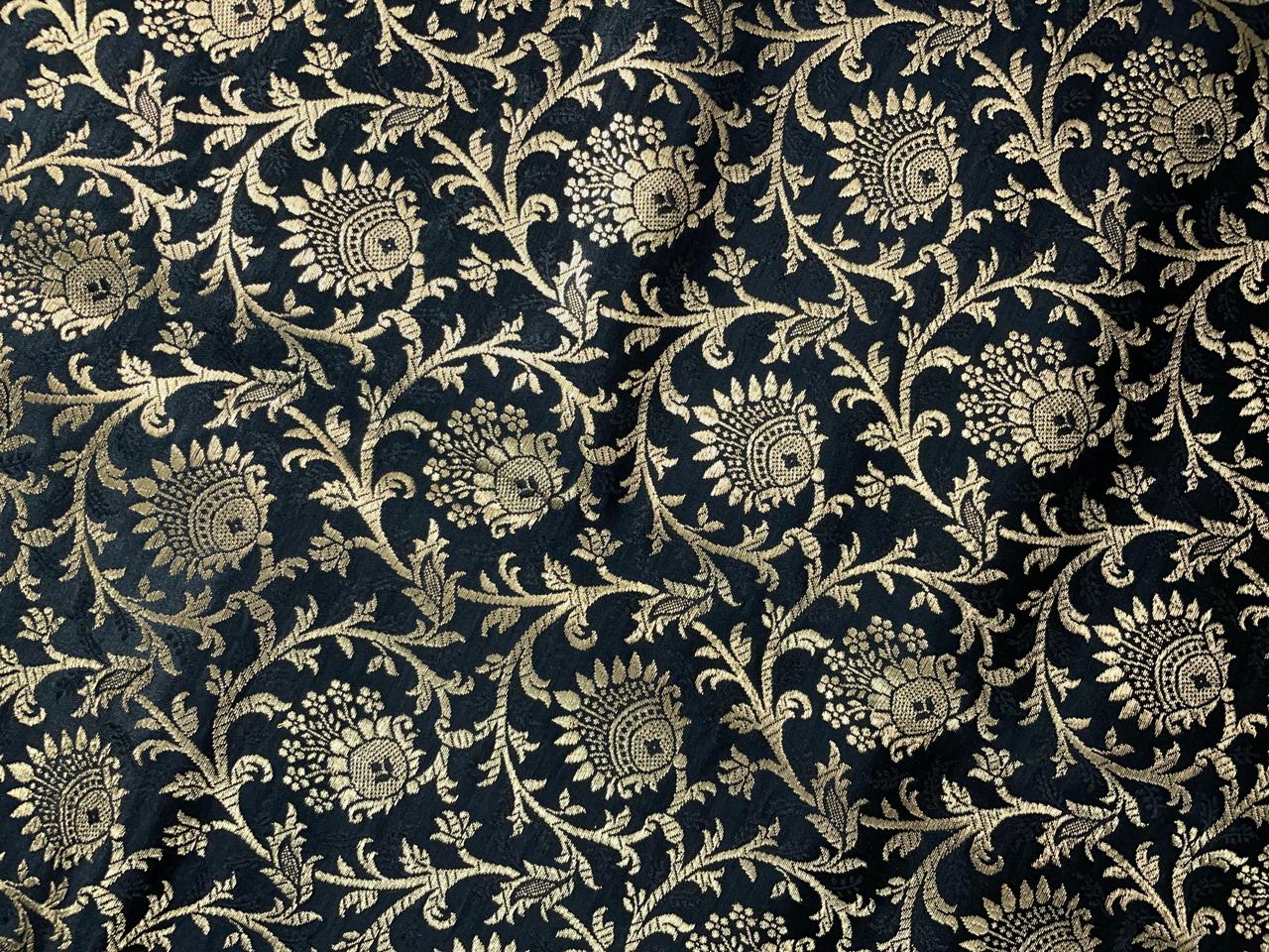 Black Floral Semi Brocade Fabric Kapdashop