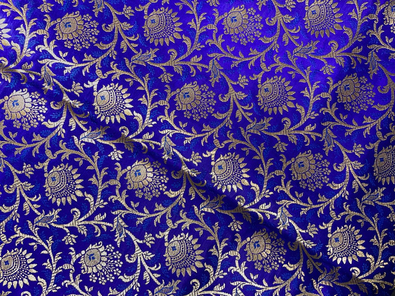Royal Blue Floral Semi Brocade Fabric Kapdashop