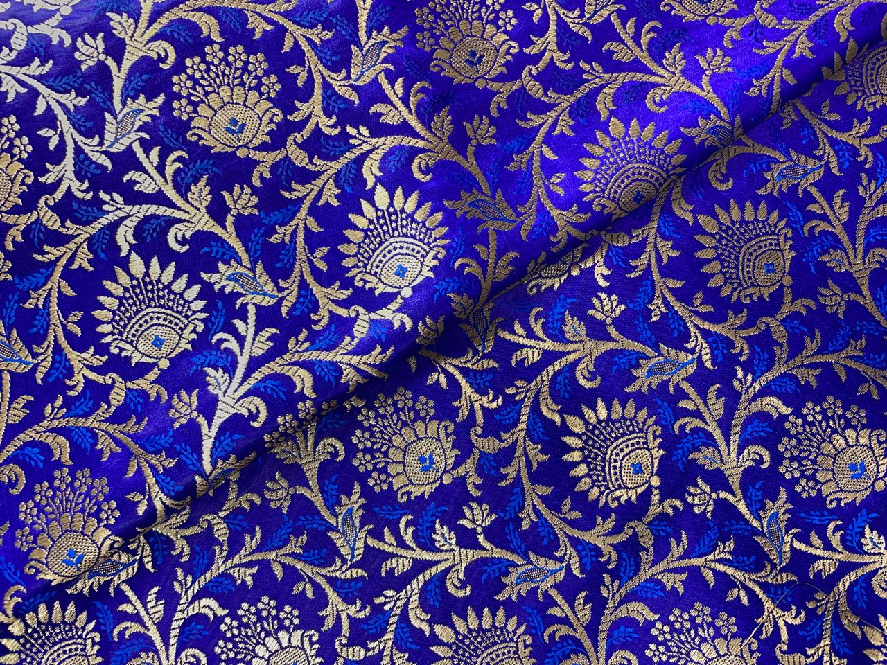 Royal Blue Floral Banarasi Semi Brocade Fabric KTEX