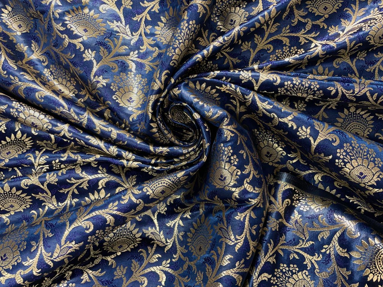 Navy Blue Floral Banarasi Semi Brocade Fabric KTEX