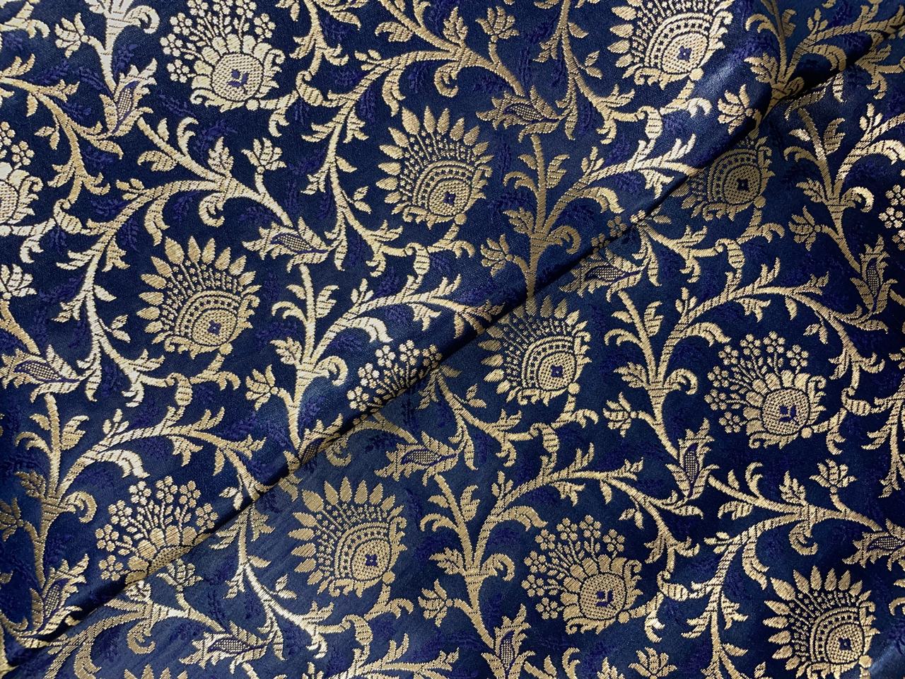 Navy Blue Floral Semi Brocade Fabric Kapdashop