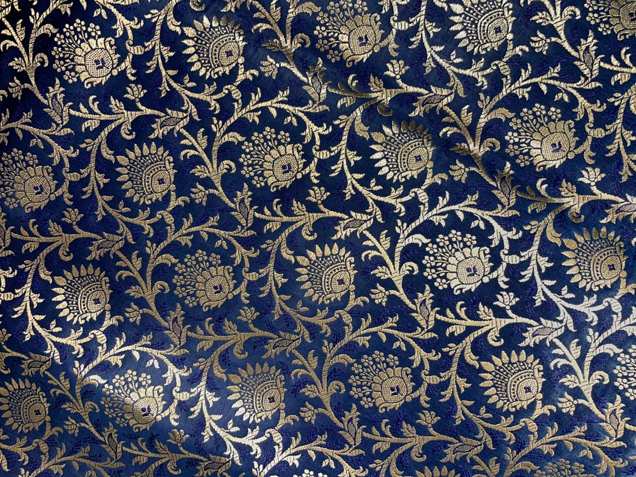 Navy Blue Floral Semi Brocade Fabric Kapdashop
