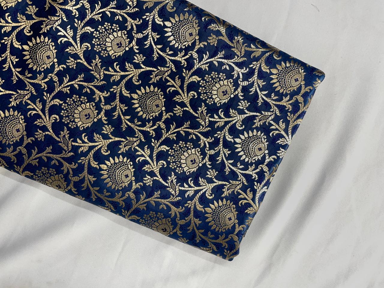 Navy Blue Floral Banarasi Semi Brocade Fabric KTEX