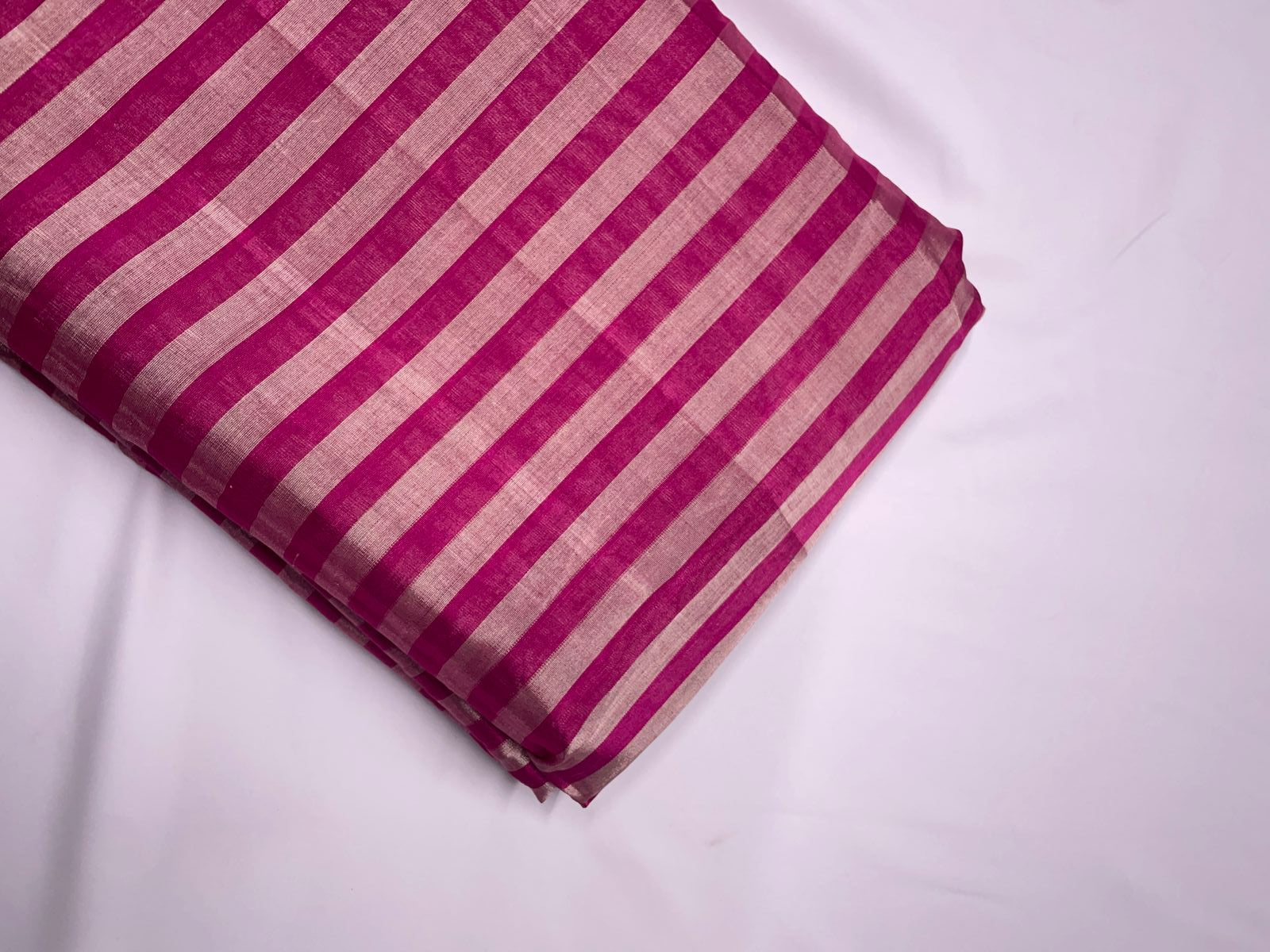 Magenta & Silver Stripes Pure Silk Tissue Fabric KTEX