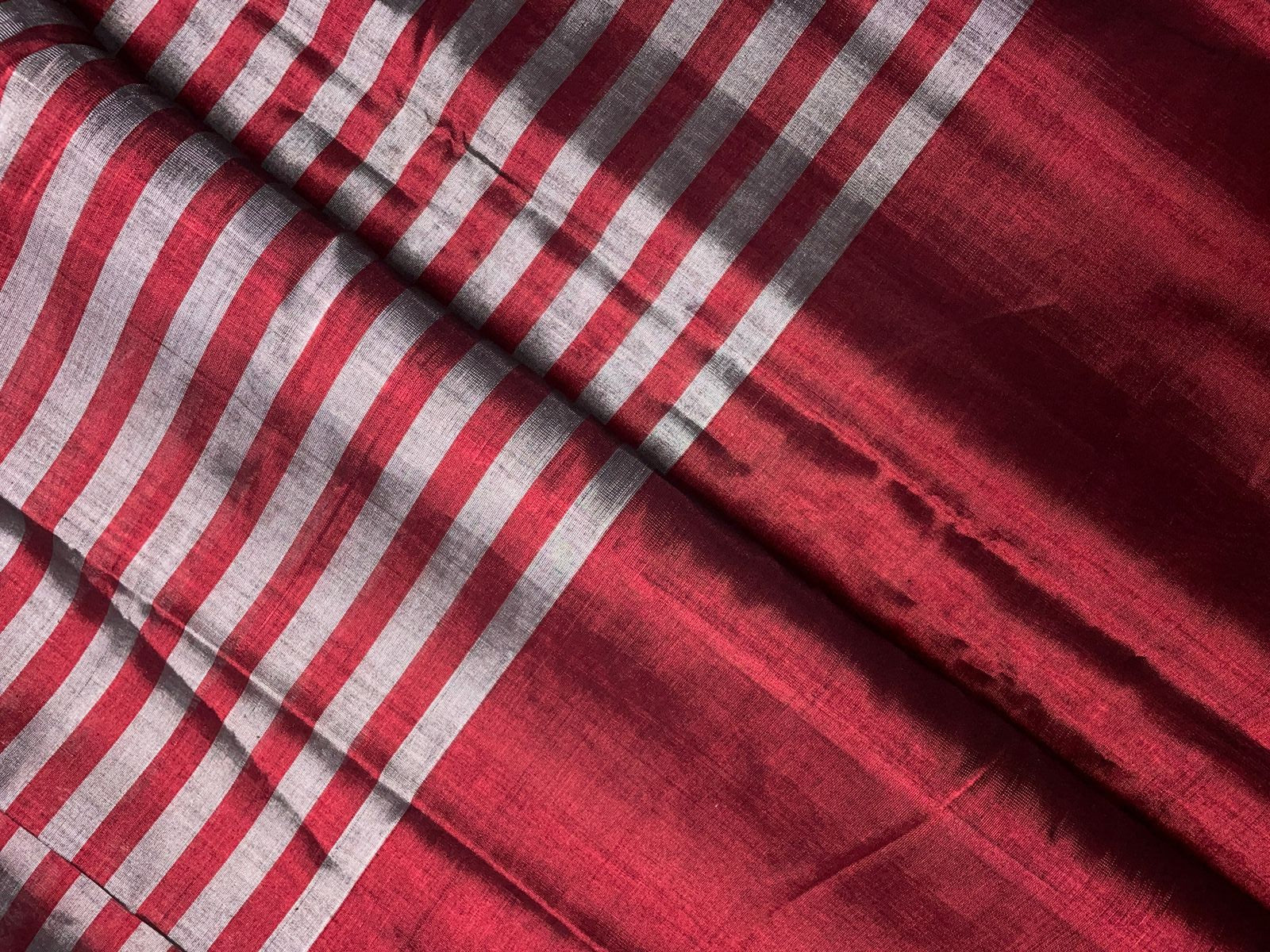 Dark Maroon Silver Stripes Pure Silk Tissue Fabric KTEX