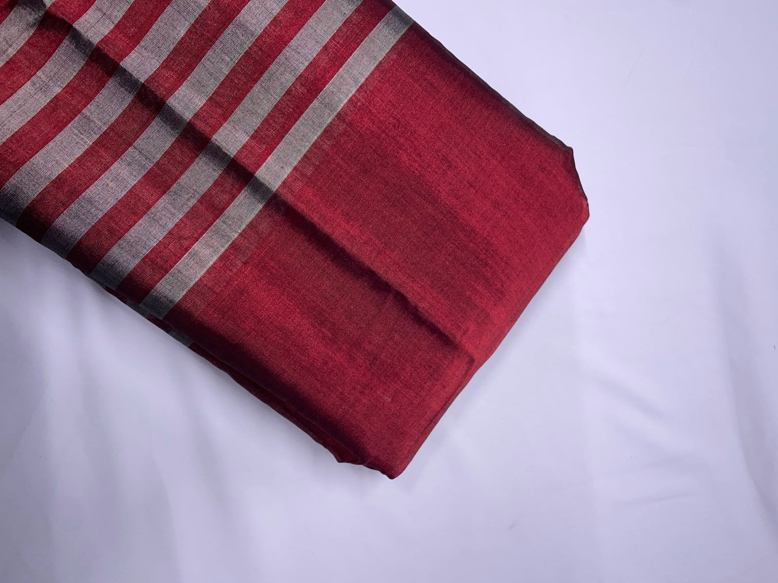 Dark Maroon Silver Stripes Pure Silk Tissue Fabric KTEX