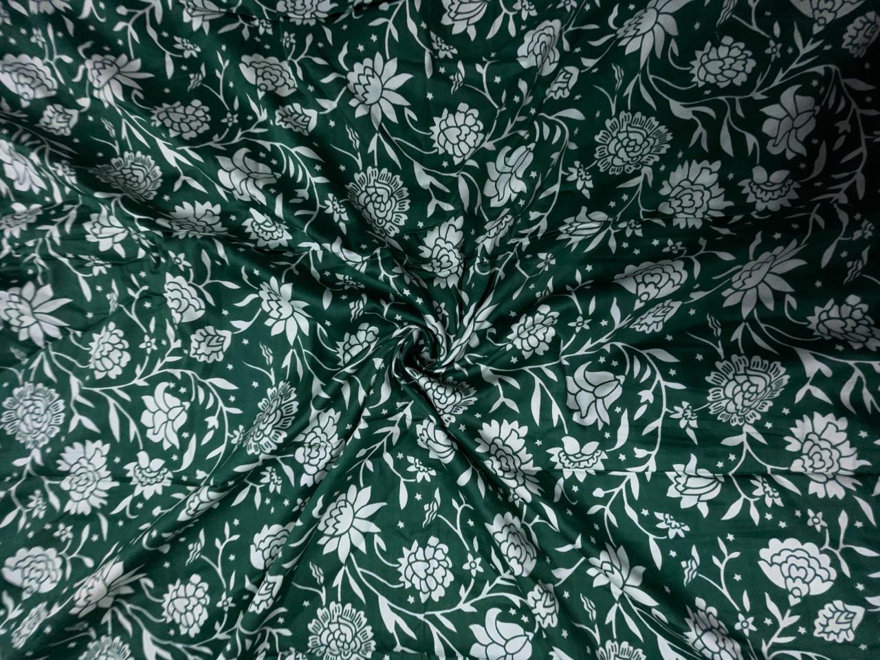 Green & White Floral Modal Satin Fabric KTEX