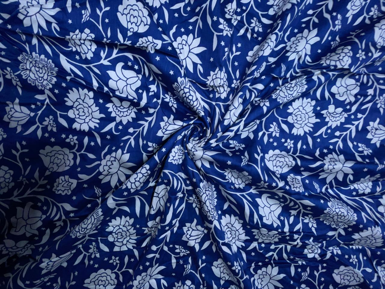 Blue & White Floral Modal Satin Fabric KTEX