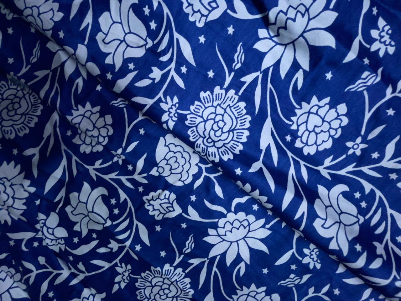 Blue & White Floral Modal Satin Fabric KTEX