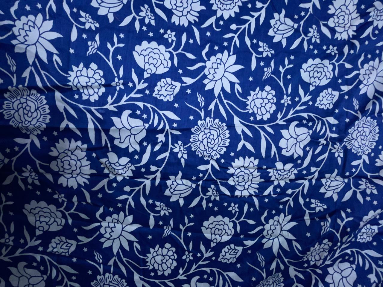 Blue & White Floral Modal Satin Fabric KTEX