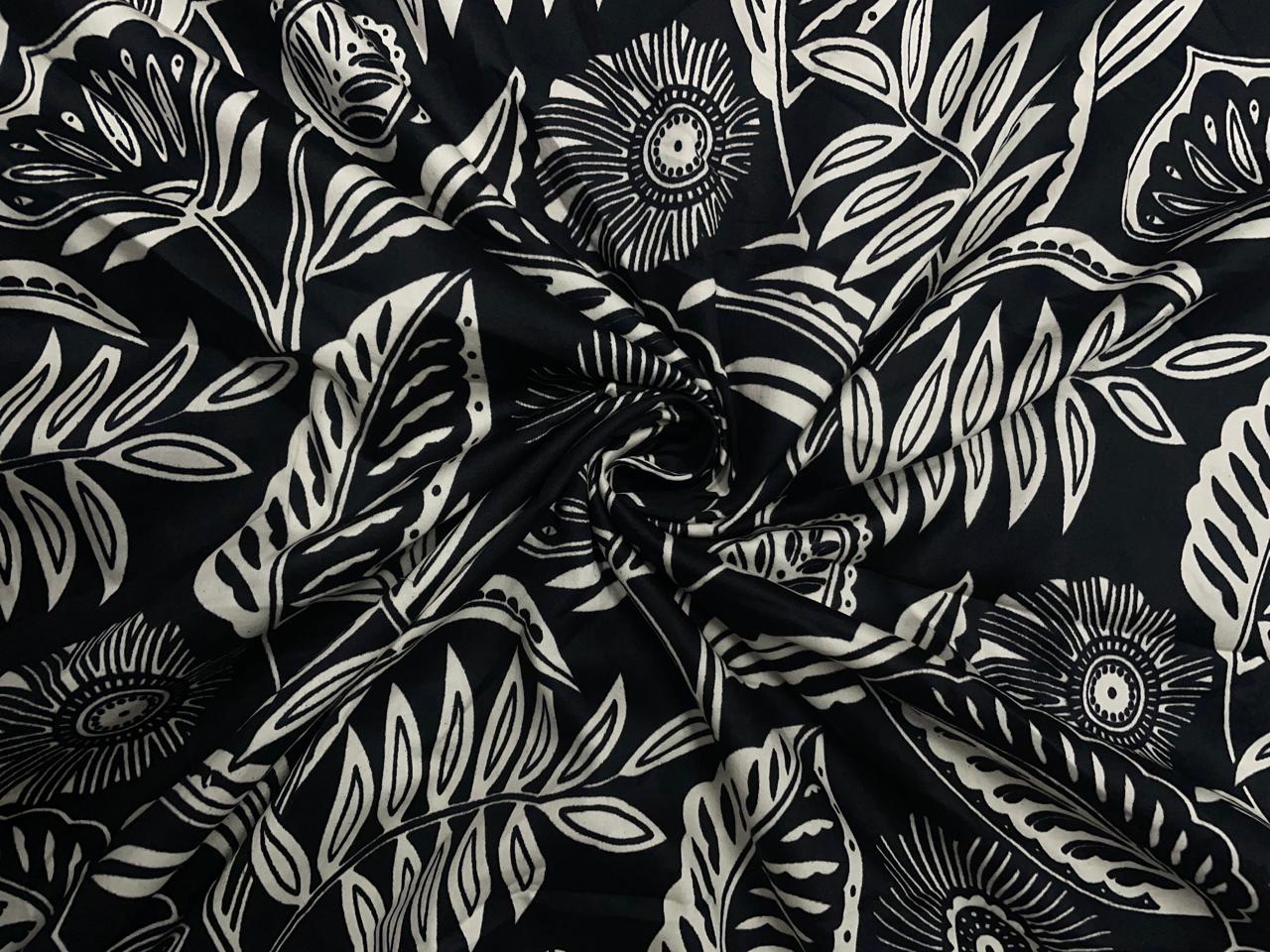 Black & White Floral Modal Satin Fabric KTEX