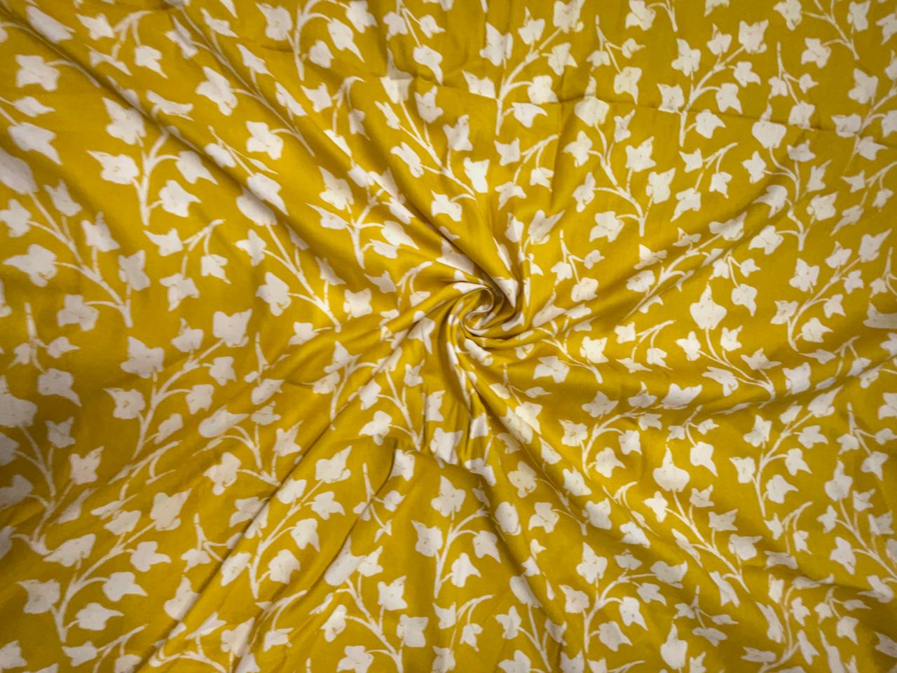 Yellow & White Floral Modal Satin Fabric KTEX