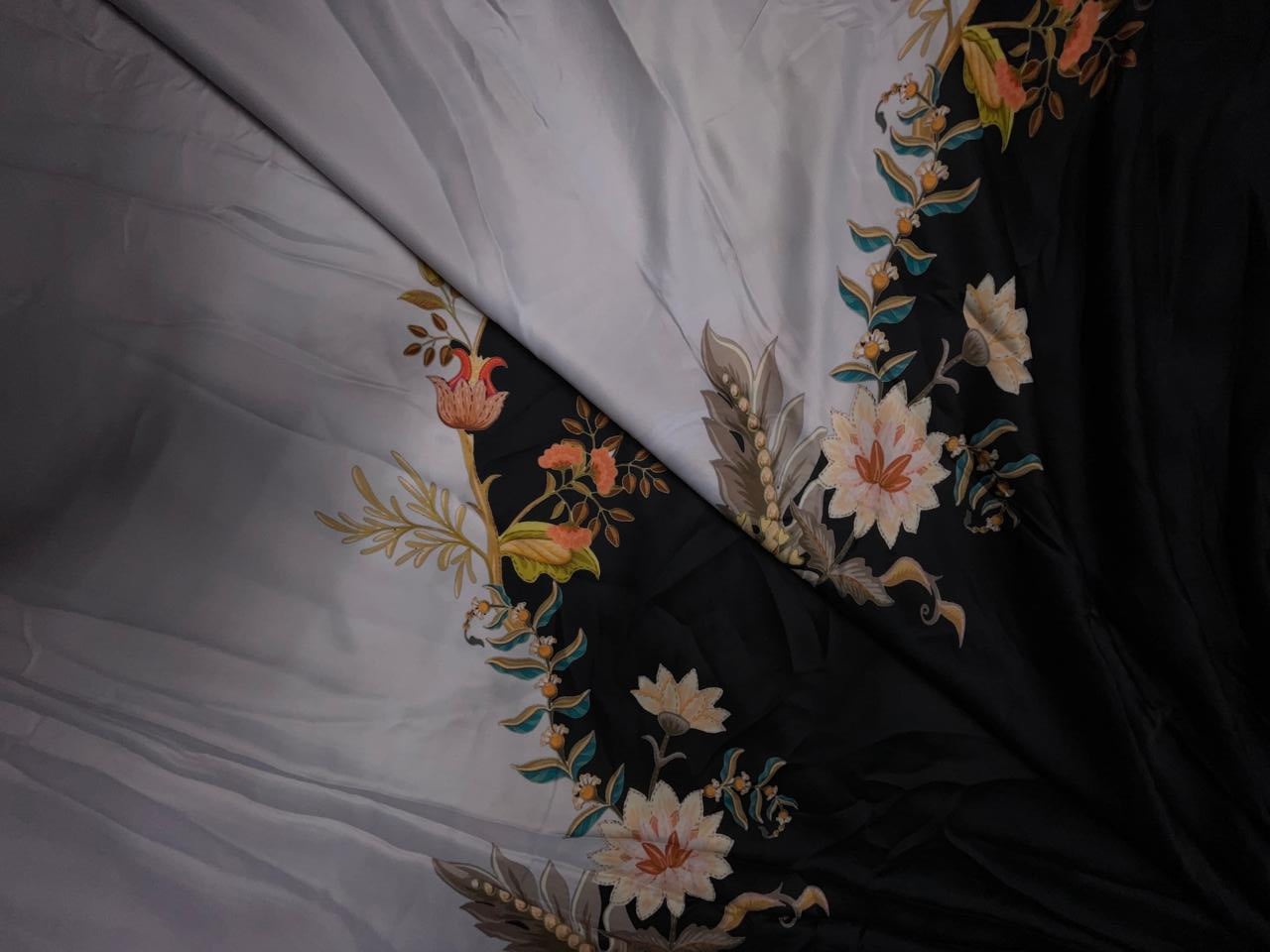 Black & Grey Floral Georgette Satin Fabric KTEX