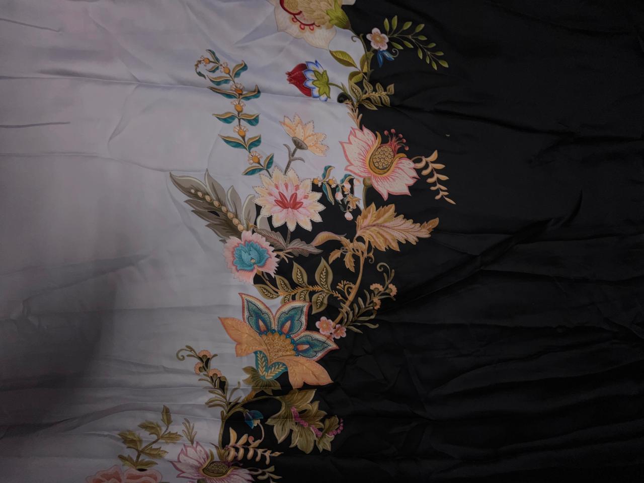 Black & Grey Floral Georgette Satin Fabric KTEX