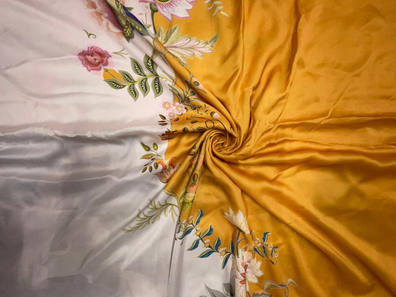 Mustard Floral Georgette Satin Fabric KTEX