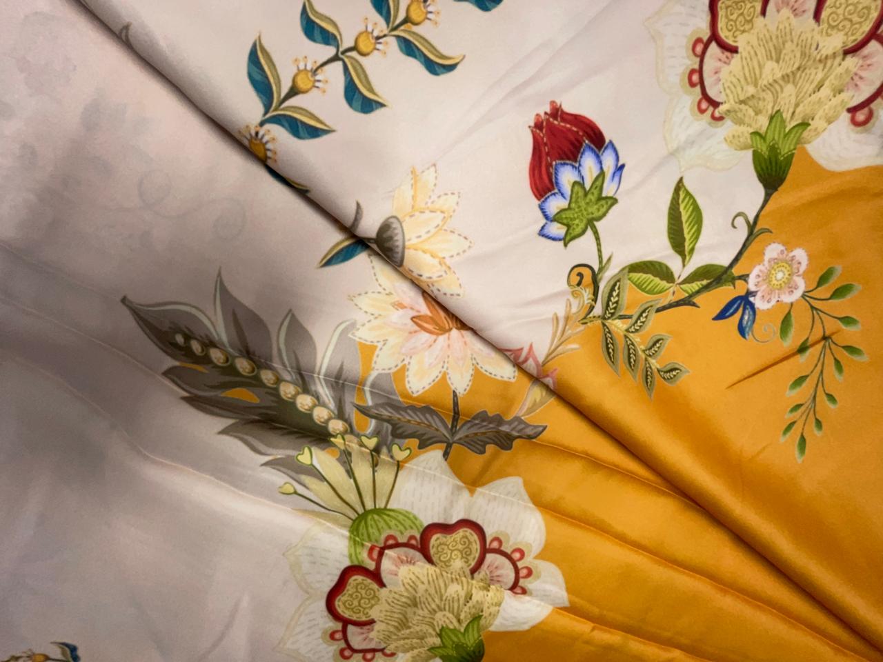 Mustard Floral Georgette Satin Fabric KTEX