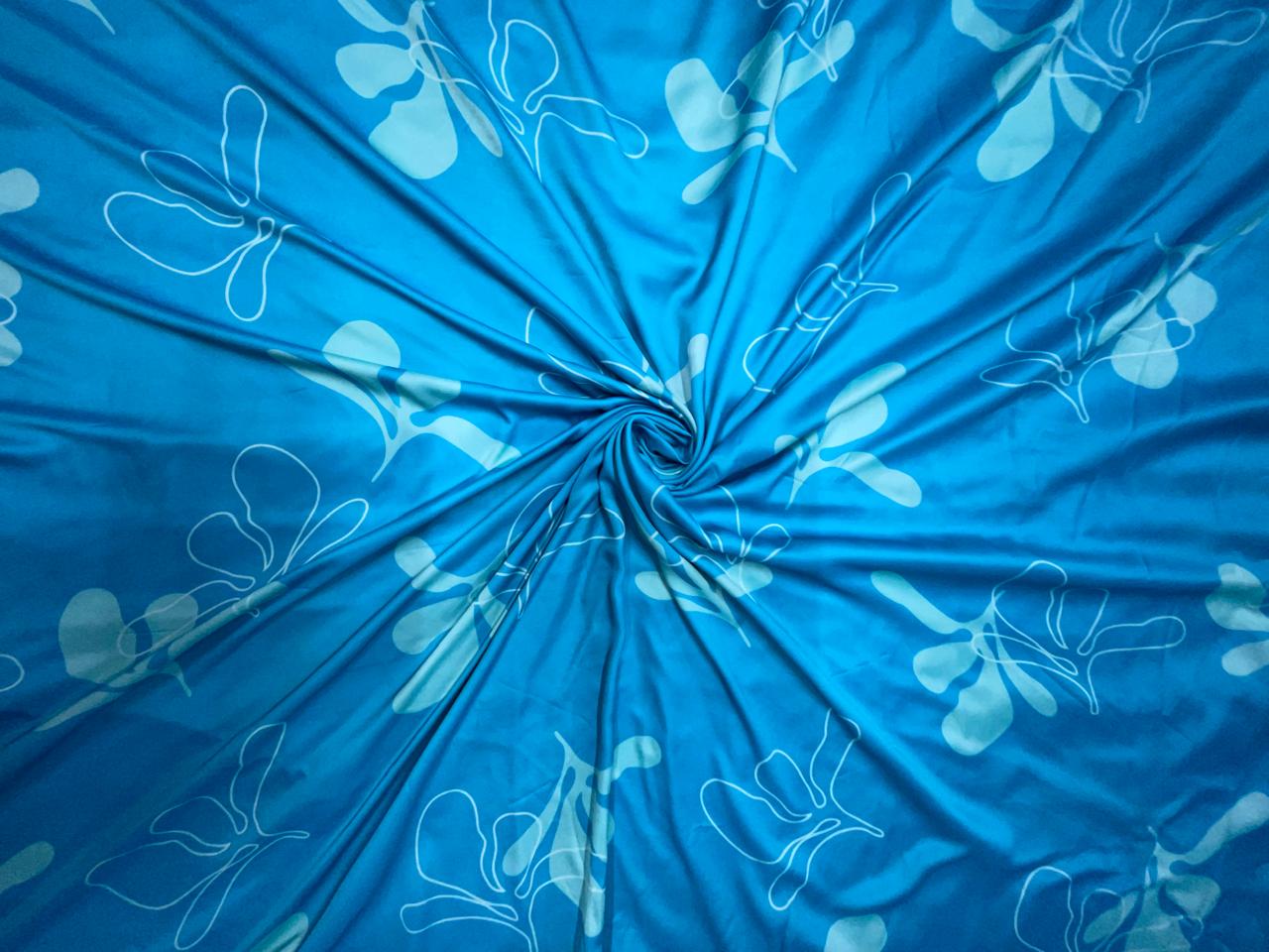 Sky Blue Floral Georgette Satin Fabric KTEX