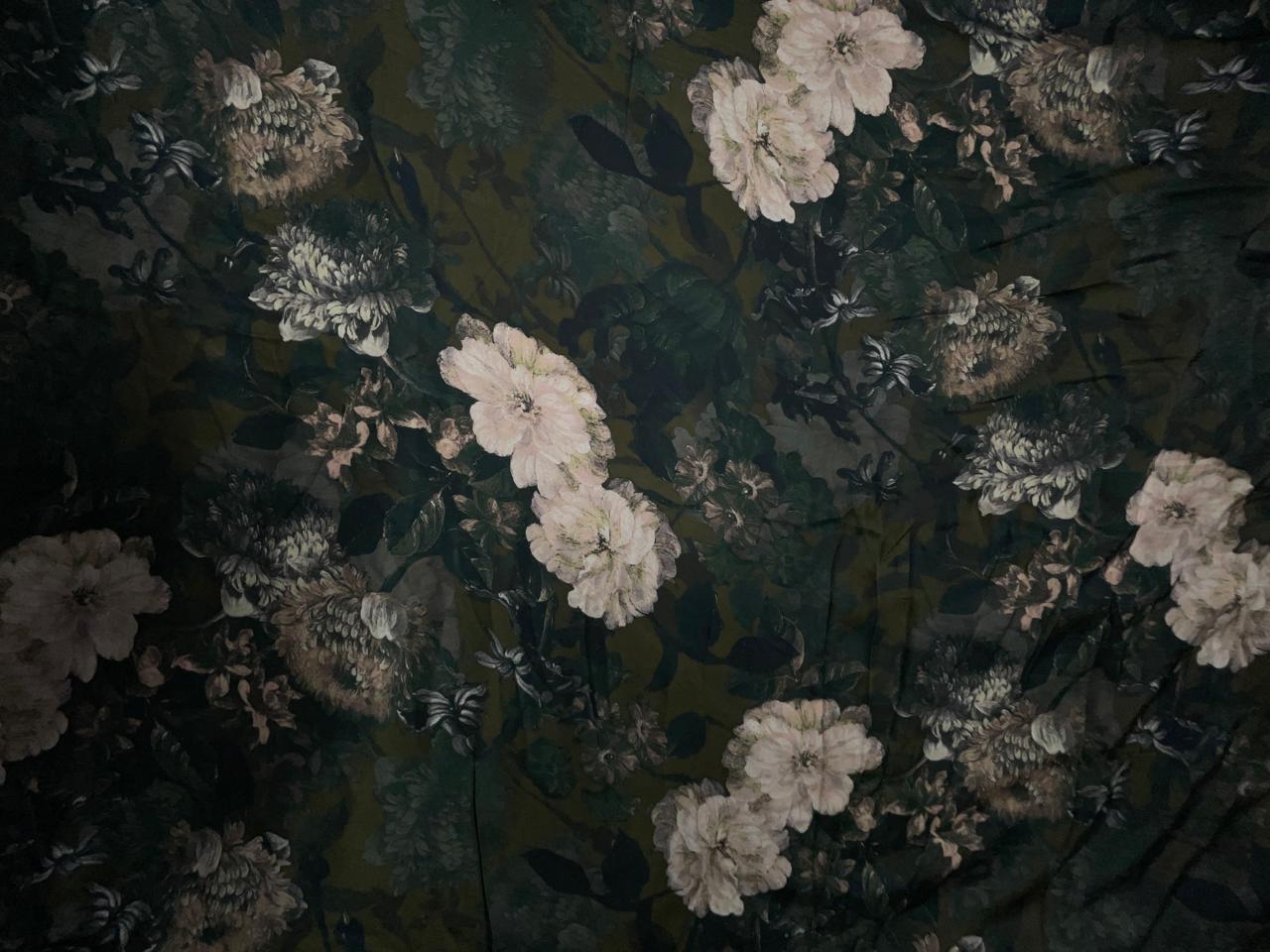 Bottle Green Floral Georgette Satin Fabric KTEX