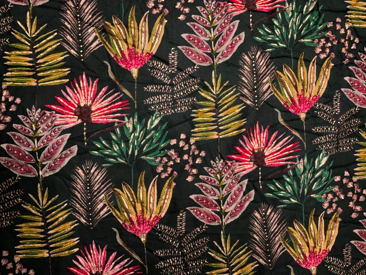 Black Floral Cotton Rayon Fabric KTEX