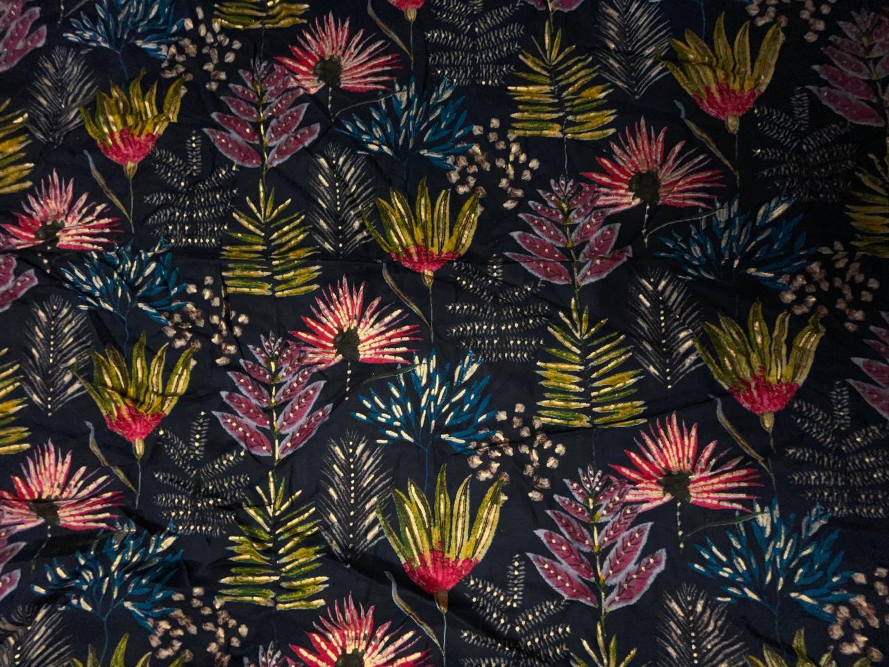 Navy Blue Floral Cotton Rayon Fabric KTEX
