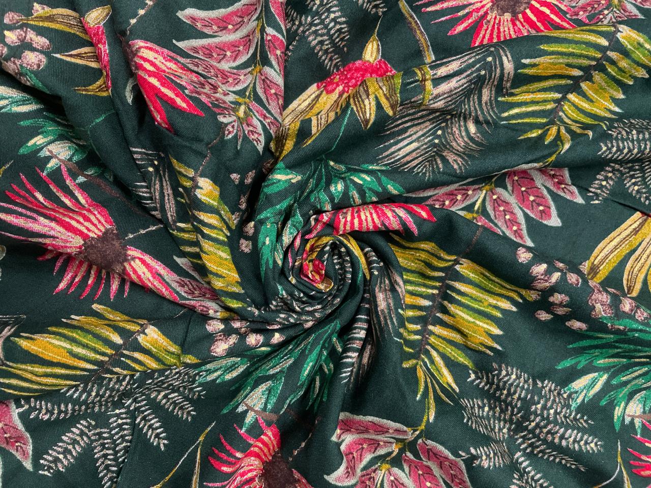Dark Green Floral Cotton Rayon Fabric KTEX