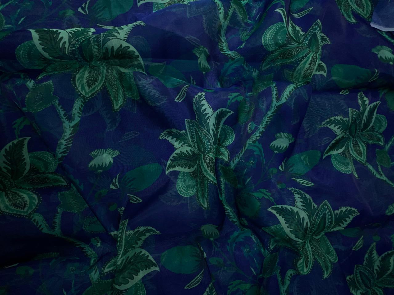 Navy Blue Green Floral Viscose Organza Fabric KTEX
