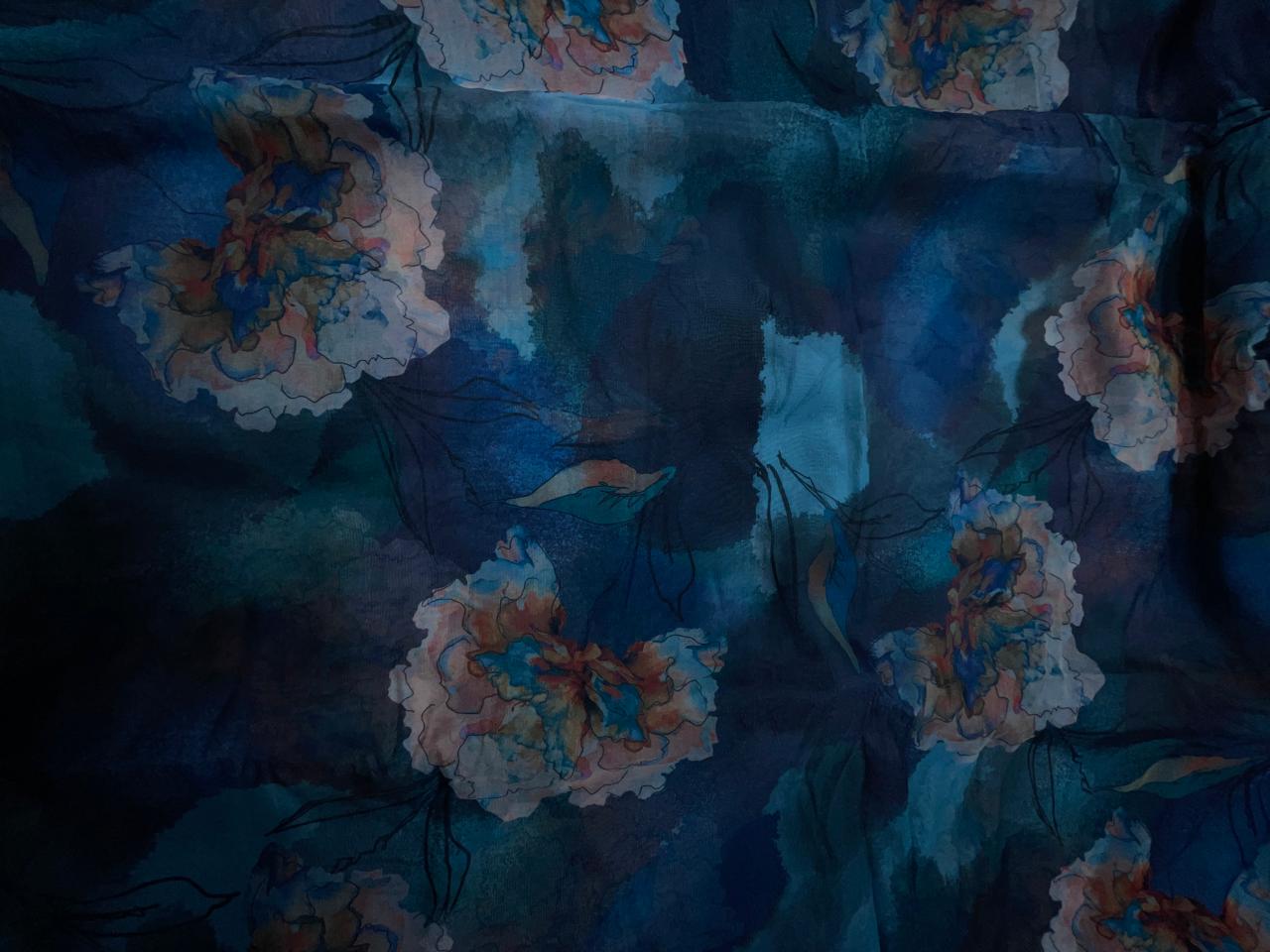 Blue Multicolor Floral Viscose Organza Fabric KTEX