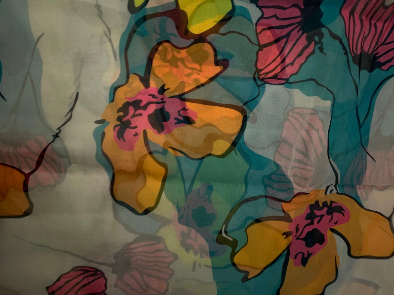 Cream Multicolor Floral Viscose Organza Fabric KTEX